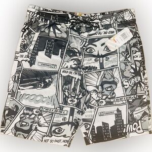 NWT Oh Snap! SZ L gray/black/white “super hero”print shorts/waist 35”-40”